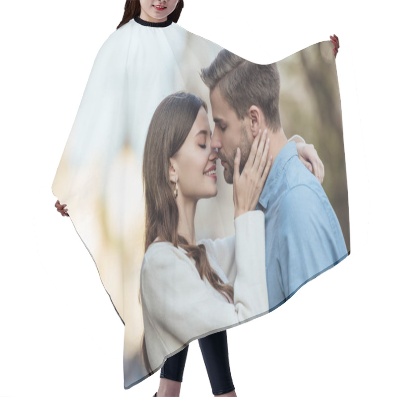 Personality  Happy Girl With Closed Eyes Kissing Handsome Boyfriend On Street Hair Cutting Cape