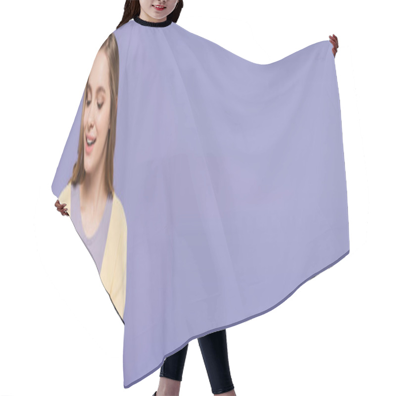 Personality  Happy Young Woman Holding Wrapped Gift Box Isolated On Purple, Banner Hair Cutting Cape