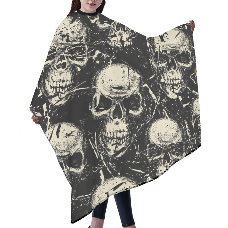 Personality  Seamless Pattern With Hand-drawn Human Skulls In The Grunge Style. Vector Background With Sinister Skulls Looking Out Of The Dark. Graphic Print For Clothing, Fabric, Wallpaper, Wrapping Paper Hair Cutting Cape