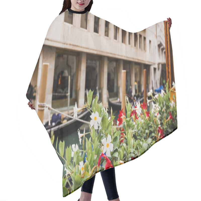 Personality  Selective Focus Of Flowers And Ancient Building On Background In Venice, Italy  Hair Cutting Cape