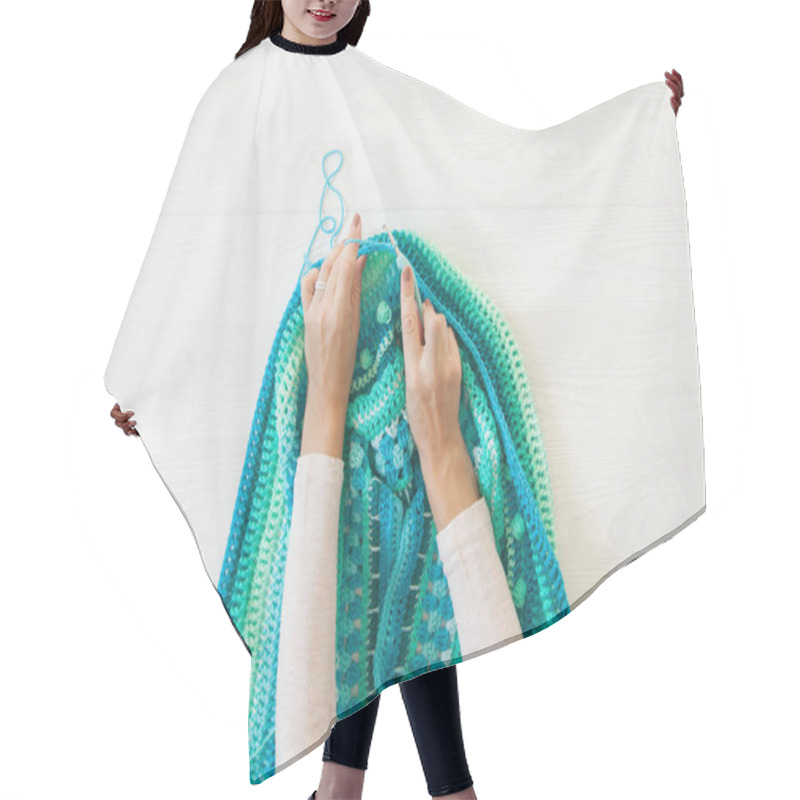 Personality  Women's Hands Are Large. Woman Crochets. Yarn Of Green, Turquois Hair Cutting Cape