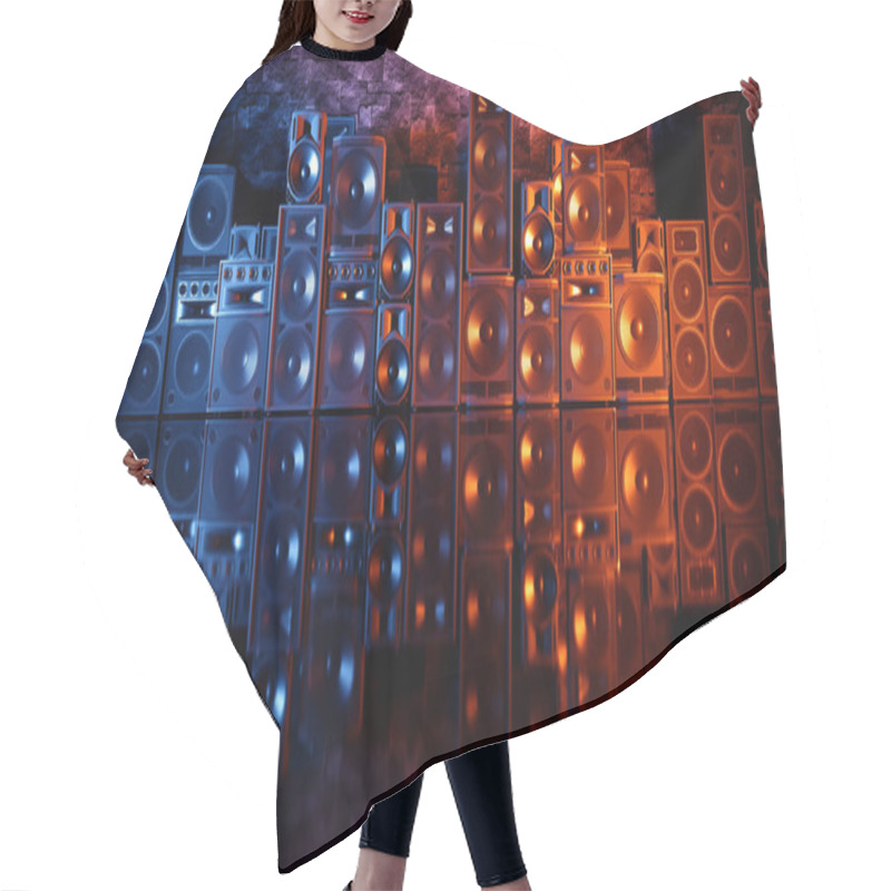 Personality  Speaker System On A Black Background In Blue And Orange Lighting, 3d Illustration Hair Cutting Cape