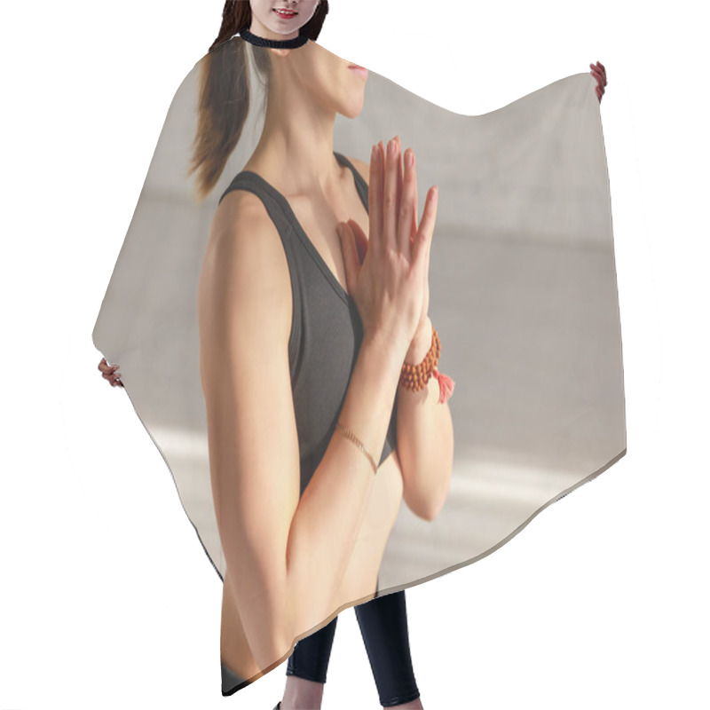 Personality  Cropped View Of Woman With Praying Hands In Yoga Studio  Hair Cutting Cape