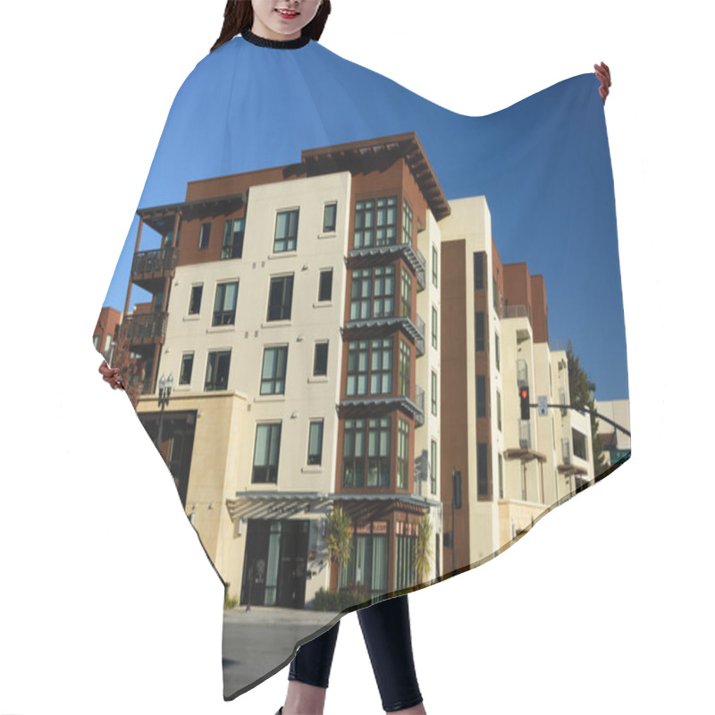 Personality  Modern Mid-rise Apartment Building With Beige And Brown Tones, Large Windows, And Balconies. - Sunnyvale, California, USA - January 23, 2025 Hair Cutting Cape