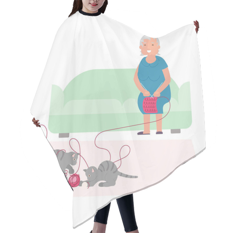 Personality  Old Woman And Cute Gray Kittens Hair Cutting Cape