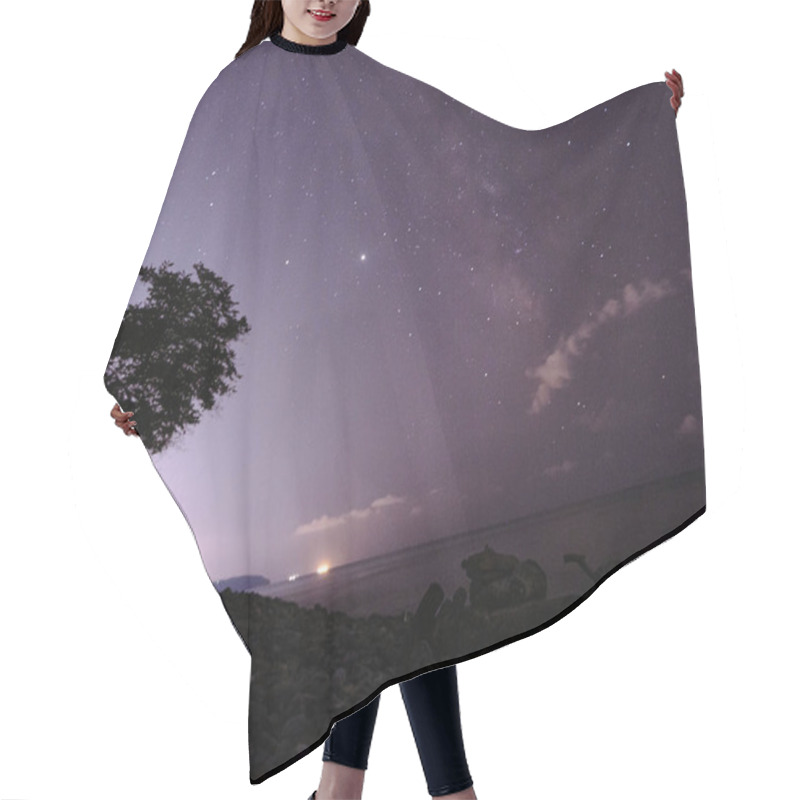 Personality  Starry Sky Over The Sea, The Milky Way And The Lights Of The Night City. Light In The Sky Of A Beautiful Pink Color, The Galaxy Space And The Universe. Many Different Constellations. Hair Cutting Cape