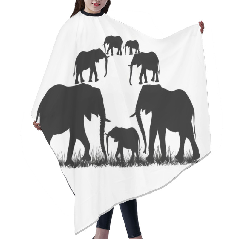 Personality  Silhouette Of Elephants, Showcasing A Family Group With A Baby Elephant At The Center, Amid Grass. Hair Cutting Cape