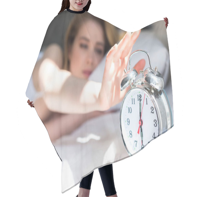 Personality  Selective Focus Of Woman Turning Off Alarm Clock In Morning Hair Cutting Cape