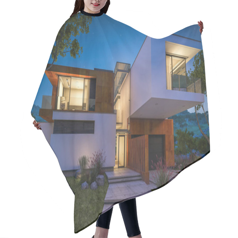 Personality  3d Rendering Of Modern House By The River At Night Hair Cutting Cape