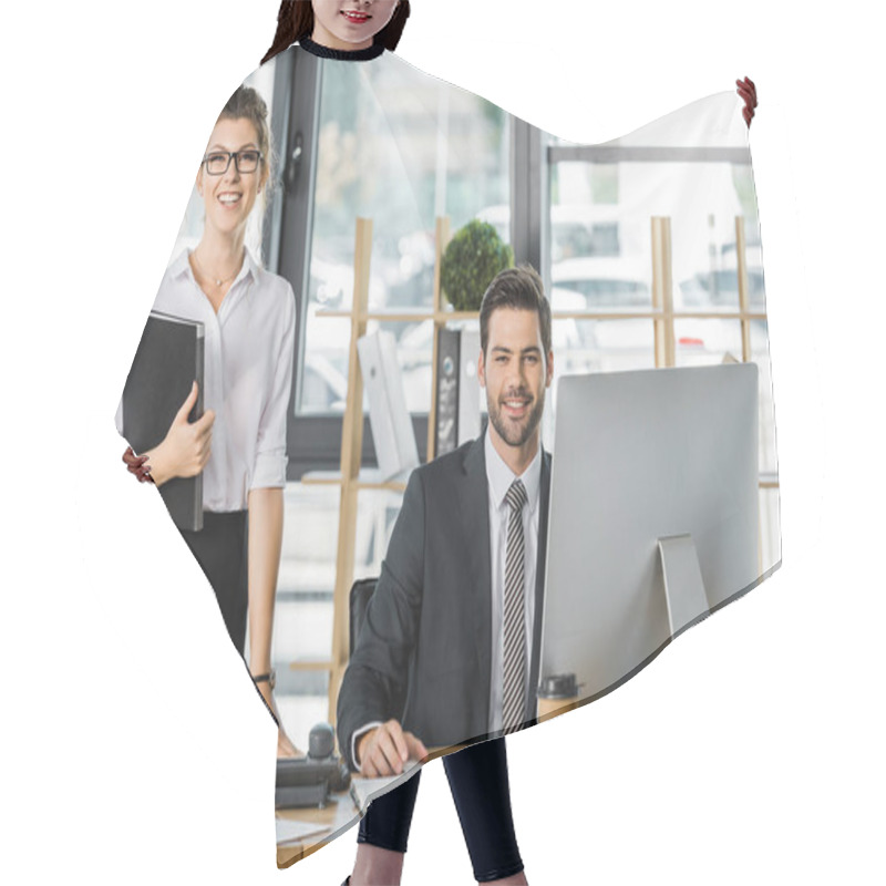 Personality  Smiling Businessman And Businesswoman Looking At Camera In Office Hair Cutting Cape