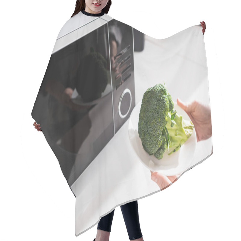 Personality  Cropped View Of Woman Holding Plate With Broccoli Near Microwave  Hair Cutting Cape