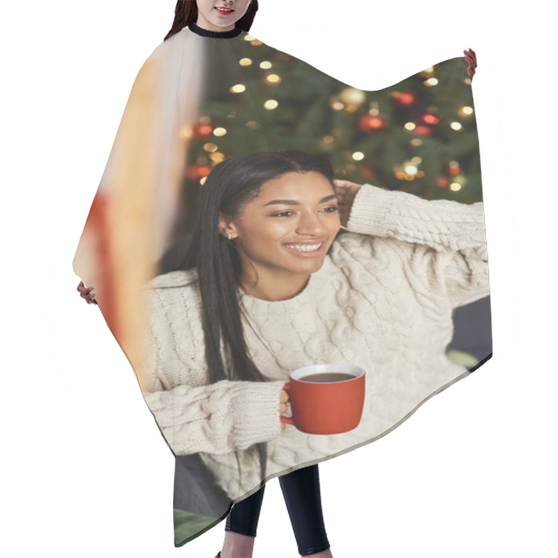 Personality  A Woman Embracing The Joy Of The Holiday Season. Hair Cutting Cape