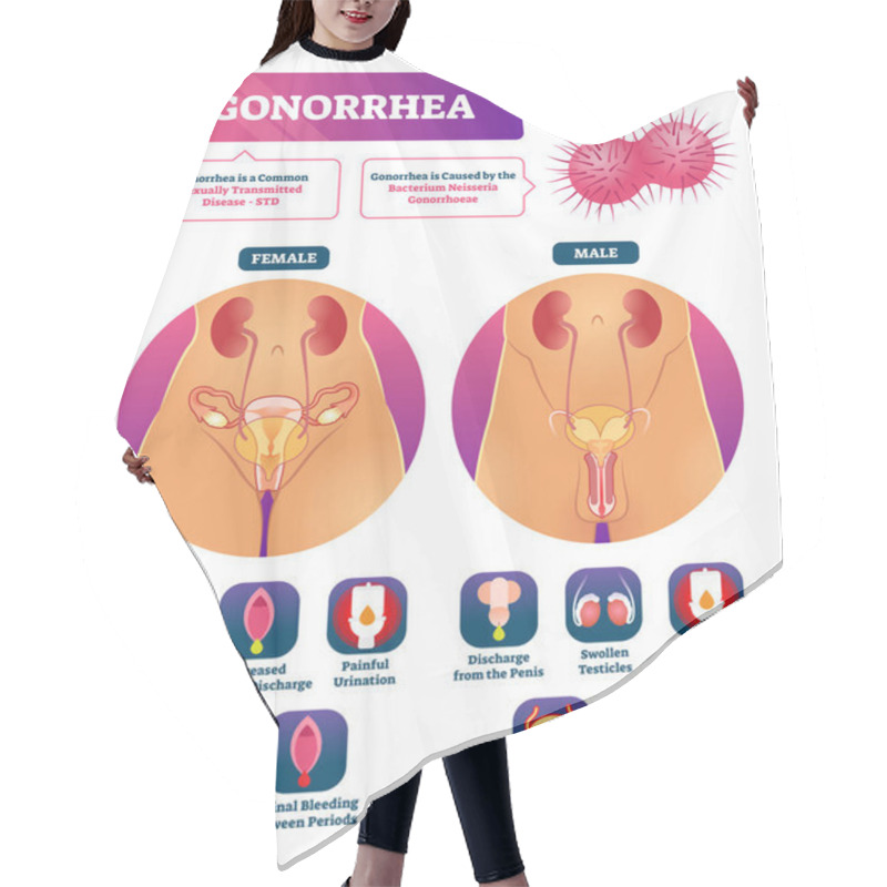 Personality  Gonorrhea Vector Illustration. Labeled STD Disease Explanation Symptom List Hair Cutting Cape