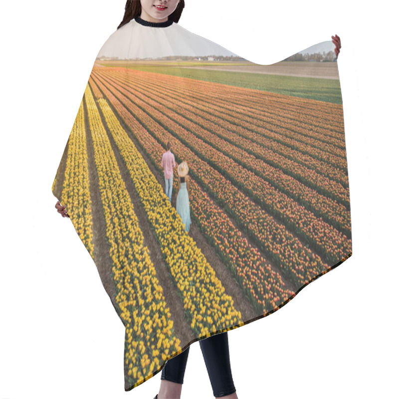 Personality  Drone Aerial View From Above Couple Of Men And Woman In A Tulip Field, Noordoostpolder Netherlands, Bulb Region Holland In Full Bloom During Spring, Colorful Tulip Fields Hair Cutting Cape