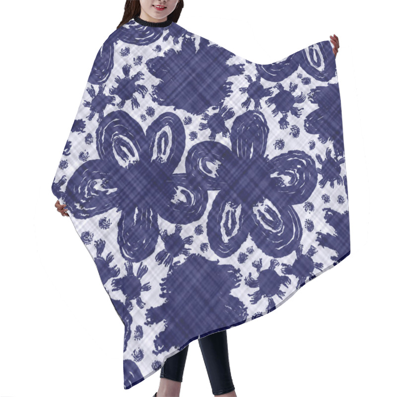 Personality  Indigo Blue Batik Dyed Daisy Flower Effect Texture Background. Seamless Japanese Repeat Pattern Swatch. Painterly Floral Motif Bleach Dye. Masculine Asian Fusion All Over Kimono Textile Cloth Print. Hair Cutting Cape