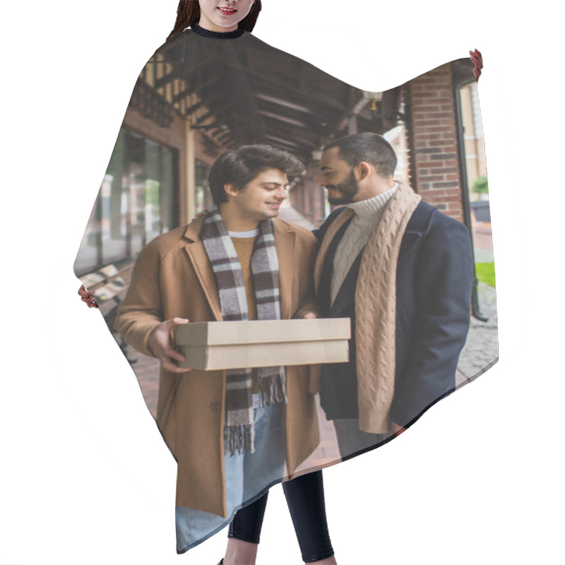 Personality  Young Gay Man In Checkered Scarf Holding Shoebox Near Smiling Boyfriend With Shopping Bags Hair Cutting Cape