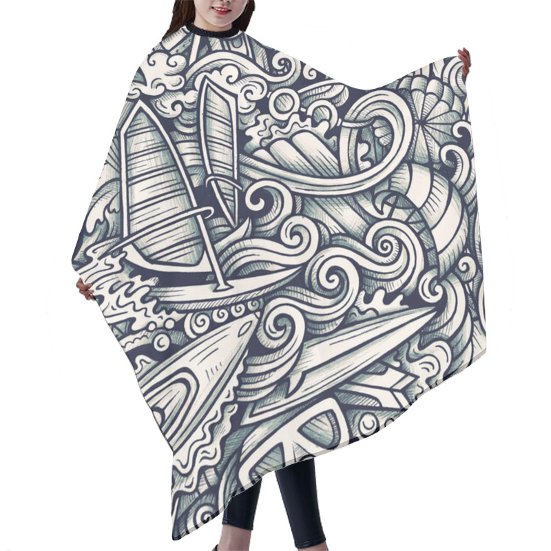 Personality  Water Extreme Sports Vector Hand Drawn Doodles Seamless Pattern. Hair Cutting Cape