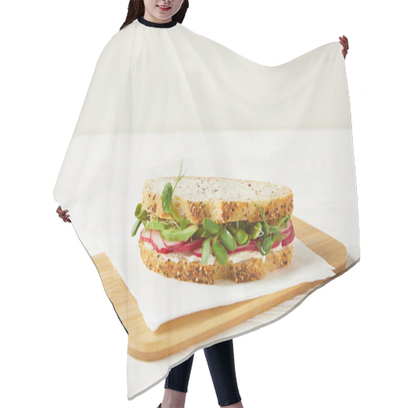 Personality  Delicious Sandwich With Radish Slices And Pea Shoots On Wooden Cutting Board Hair Cutting Cape