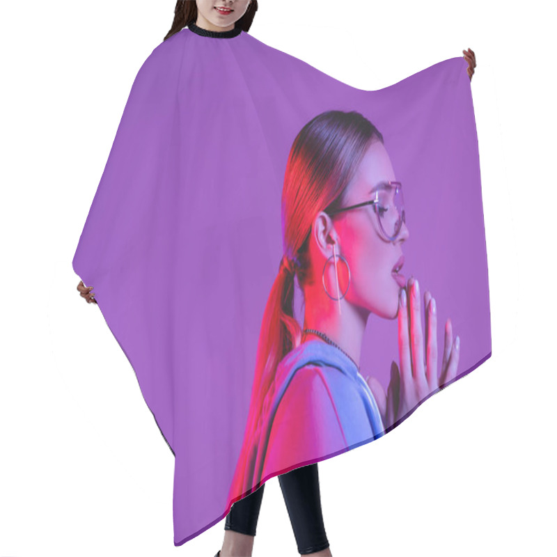 Personality  Side View Of Young Stylish Woman In Sunglasses And Praying Hands Isolated On Purple  Hair Cutting Cape