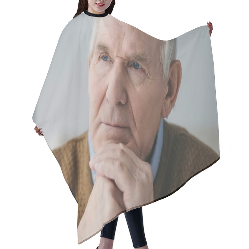 Personality  Senior Thoughtful Man Leaning On Hands In Light Room Hair Cutting Cape