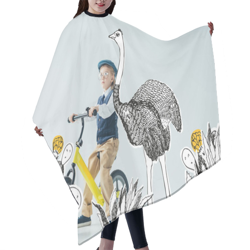 Personality  Thoughtful Kid In Retro Vest And Cap Riding Bicycle On Grey Background With Fairy Ostrich Among Cacti Illustration Hair Cutting Cape