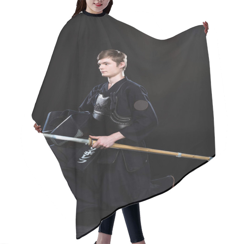 Personality  Young Man Practicing Kendo With Sowrd On Black Hair Cutting Cape