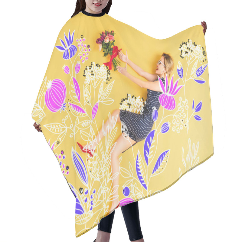 Personality  Top View Of Young Happy Elegant Woman With Bouquet Of Roses Lying On Yellow Background With Floral Illustration Hair Cutting Cape