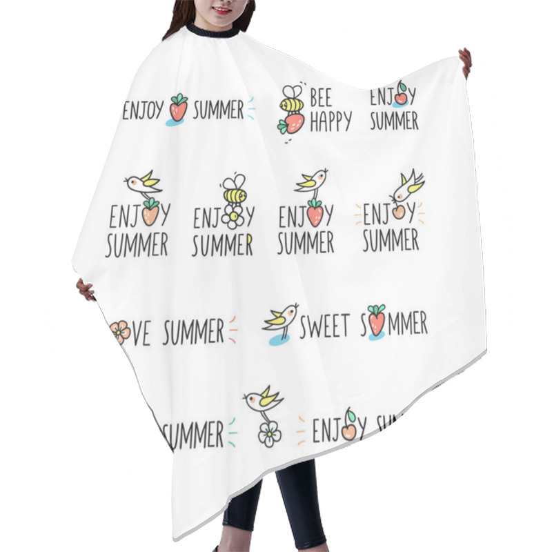 Personality  Enjoy Summer Signs Set. Little Birds And Bees Pick Strawberries, Cherries And Blooms. Cute Hand Drawn Letters With Funny Characters And Graphic Elements On White Background Hair Cutting Cape