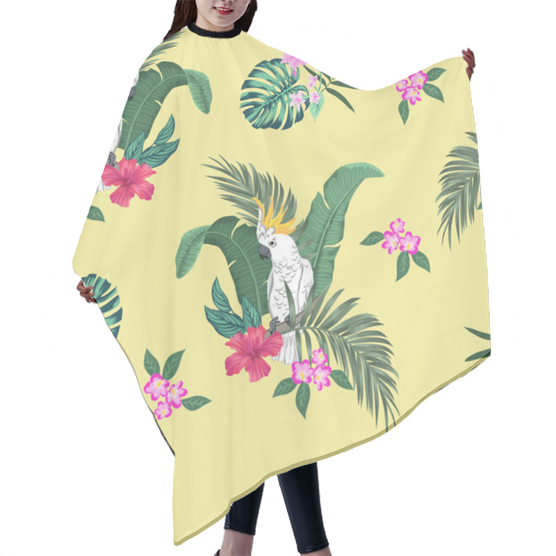 Personality  Vector Seamless Botanical Tropical Pattern With Parrots And Flowers. Floral Exotic Background Design With Banana Leaf, Areca Palm Leaves, Monstera Leaves, Hibiscus Flowers, Frangipani. Hair Cutting Cape