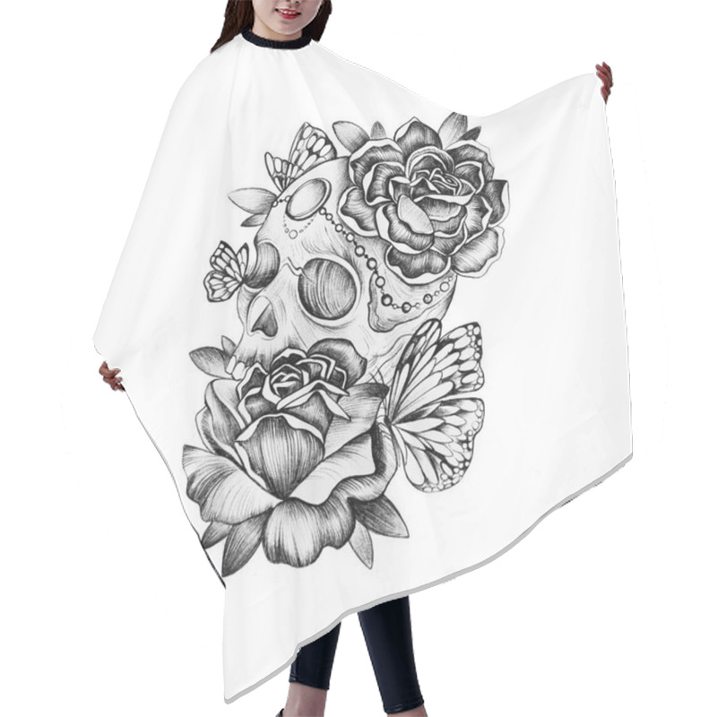 Personality  Sketch Of Skull In Flowers On White Background. Skull With Roses And Butterfly. Hair Cutting Cape