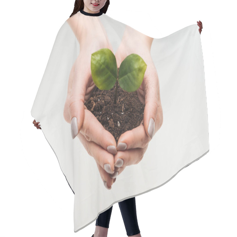 Personality  Cropped View Of Woman Protecting Ground With Green Leaves In Hands Isolated On White Hair Cutting Cape