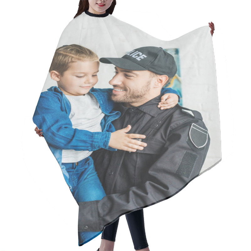 Personality  Handsome Young Father In Police Uniform Carrying His Little Son Hair Cutting Cape