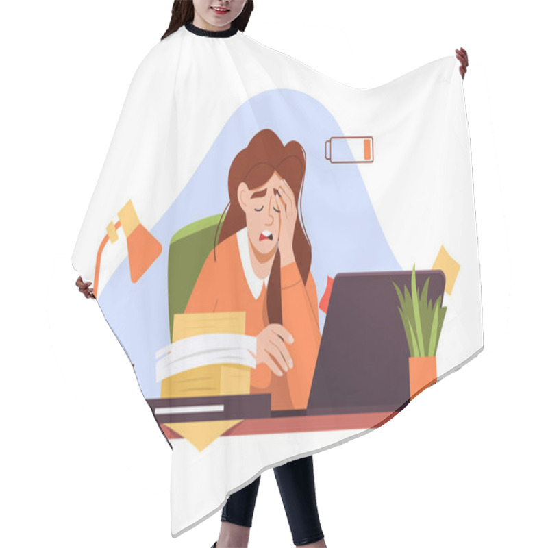 Personality  Tired Woman Sitting At Workplace. Exhausted Fatigue Office Worker Sitting At Computer Desk. Burnout. Overworked Female At Office. Flat Vector Illustration. Hair Cutting Cape