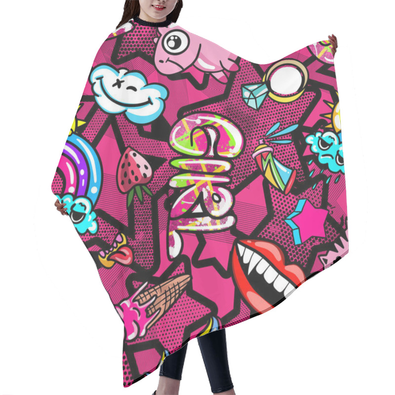 Personality  Hand Drawn Fashion Girls Pattern. Colourful Modern Teenagers Background With Graffiti Elements, Stickers. Girlish Print For Textile, Clothes, Wrapping Paper. Hair Cutting Cape