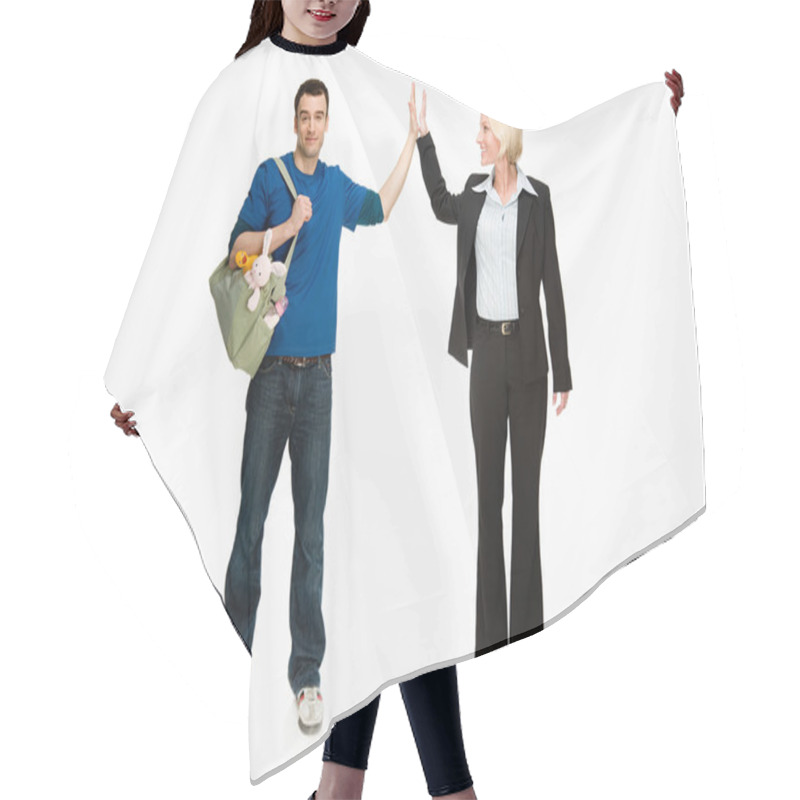 Personality  Businesswoman And Husband Handshakes Hair Cutting Cape