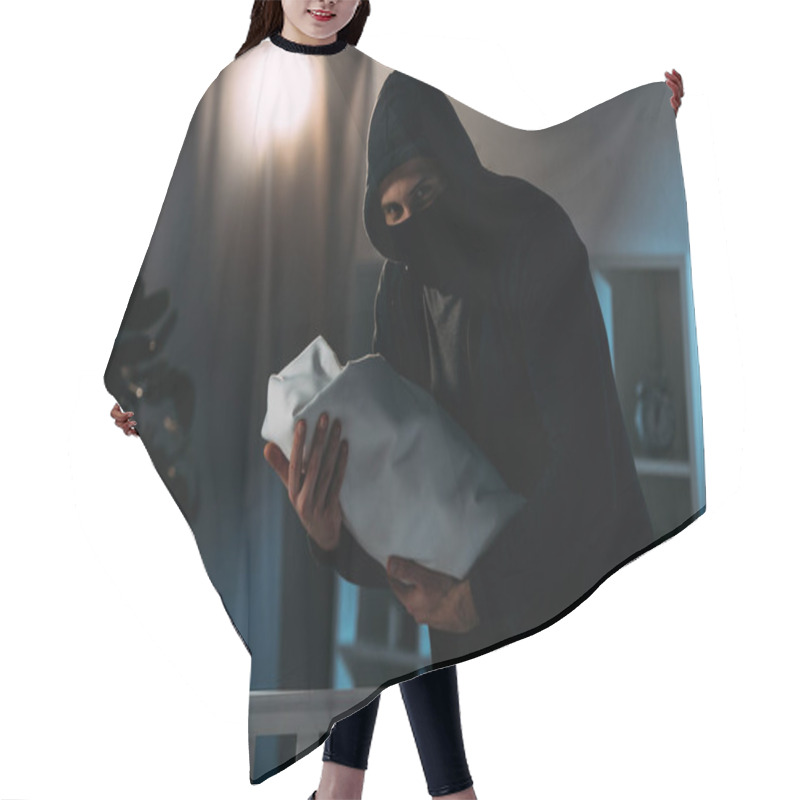 Personality  Kidnapper In Mask And Hoodie Holding Infant Child In Dark Room Hair Cutting Cape