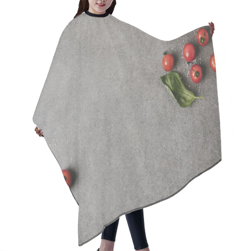 Personality  Top View Of Fresh Tomatoes, Basil And Salt On Grey Background Hair Cutting Cape