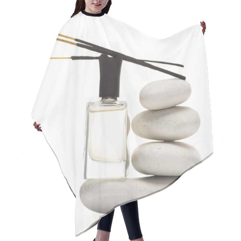 Personality  Aroma Sticks On Perfume In Bottle Near Spa Stones On White Background Hair Cutting Cape