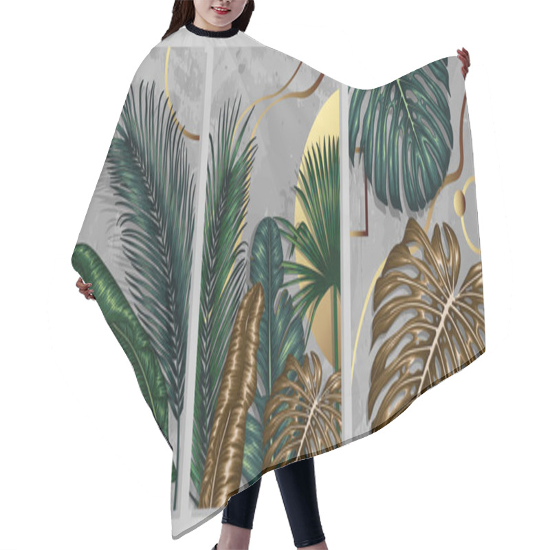 Personality   Set Of 3 Vector Posters Tropical Graphic Leaves With Gold Geometric Shapes On A Gray Background Hair Cutting Cape