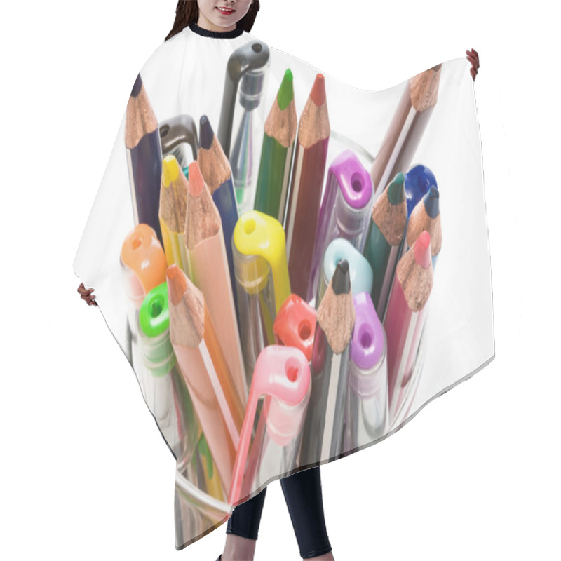 Personality  Pens And Pencils In Glass Hair Cutting Cape