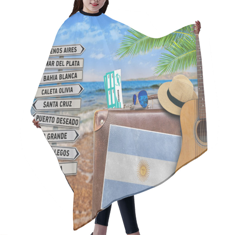 Personality  Concept Of Summer Traveling With Old Suitcase And Argentina Town Sign Hair Cutting Cape