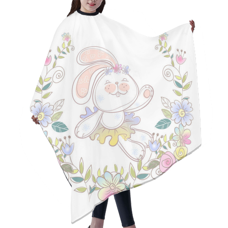 Personality  Cheerful Bunny Ballerina In A Wreath Of Flowers . Vector Hair Cutting Cape