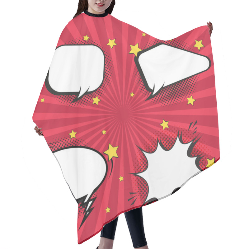 Personality  Group Of Four Olorful Retro Comic Speech Bubble On Halftone Red Background Design. Four Spacing Bubble Discount Concept Banner Templates Hair Cutting Cape