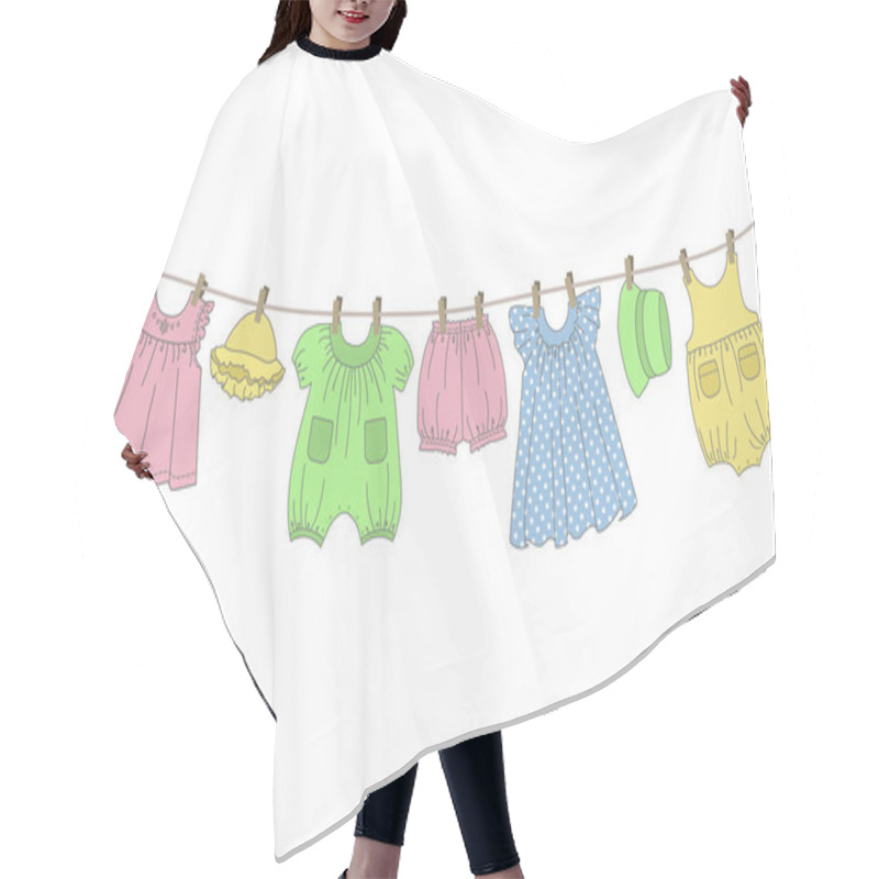 Personality  Baby Clothes Hang On The Clothesline. Things Are Dried On Clothespins After Washing. Vector Illustration On A White Background Hair Cutting Cape