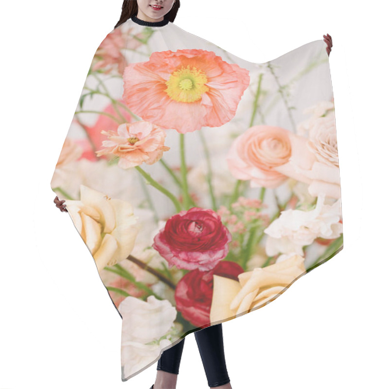 Personality  A Vibrant Display Of Roses, Peonies, And Poppies In An Elegant Arrangement, Showcasing Soft Pastel Colors. This Floral Centerpiece Is Perfect For Any Event Or Occasion. Hair Cutting Cape