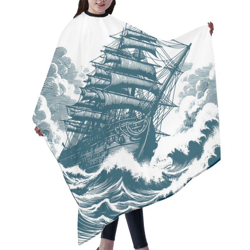 Personality  Linear Drawing Of A Sailing Ship In A Stormy Sea Hair Cutting Cape