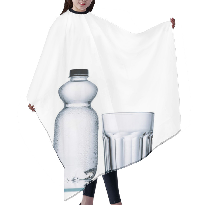 Personality  Full Plastic Bottle Of Water And Empty Glass Isolated On White Hair Cutting Cape