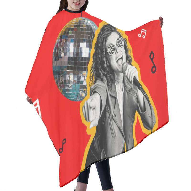 Personality  Collage Artwork Sketch Of Funny Talented Female Performer Singing Song Karaoke Club Isolated On Creative Painted Background. Hair Cutting Cape