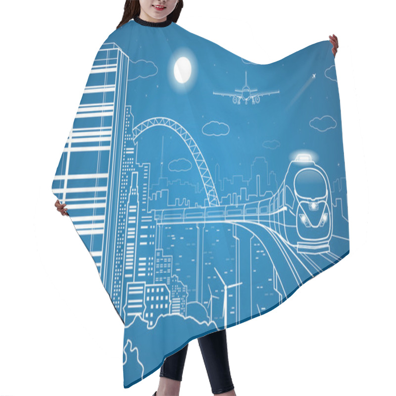 Personality  Vector City And Transport Panorama, Vector Lines Landscape, Night Town, Airplane Fly, Vector Design, Train On The Bridge Hair Cutting Cape