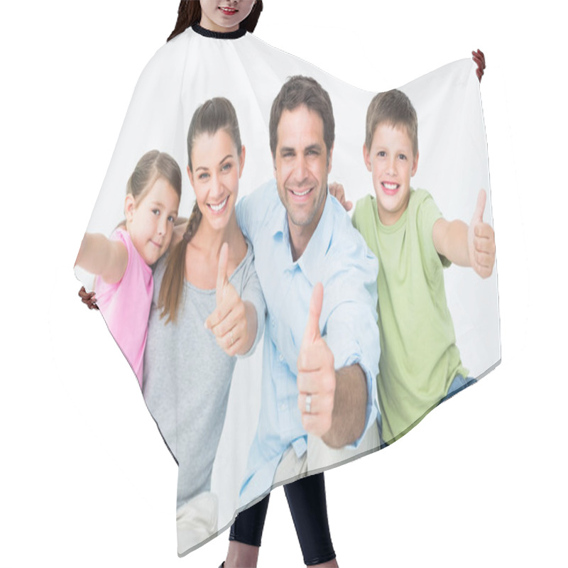 Personality  Cute Family Smiling At Camera Together Showing Thumbs Up Hair Cutting Cape